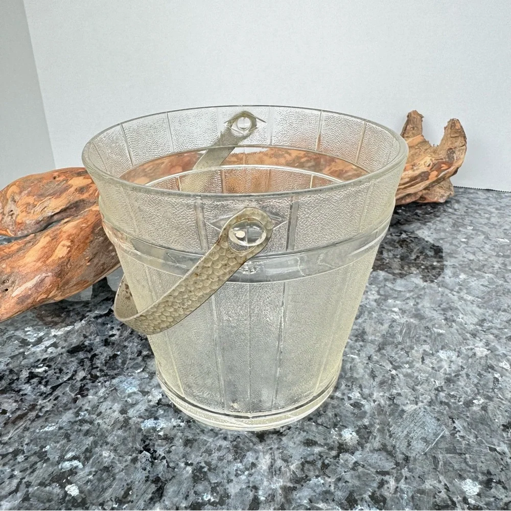 VTG Frosted Glass Wooden Pail Design Ice Bucket With Hammered Metal Swing Handle